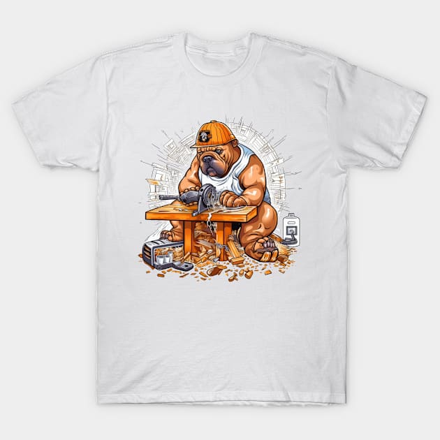 A Carpenter English Bulldog with a saw and sandpaper, carving a wooden sculpture of itself T-Shirt by teestore_24